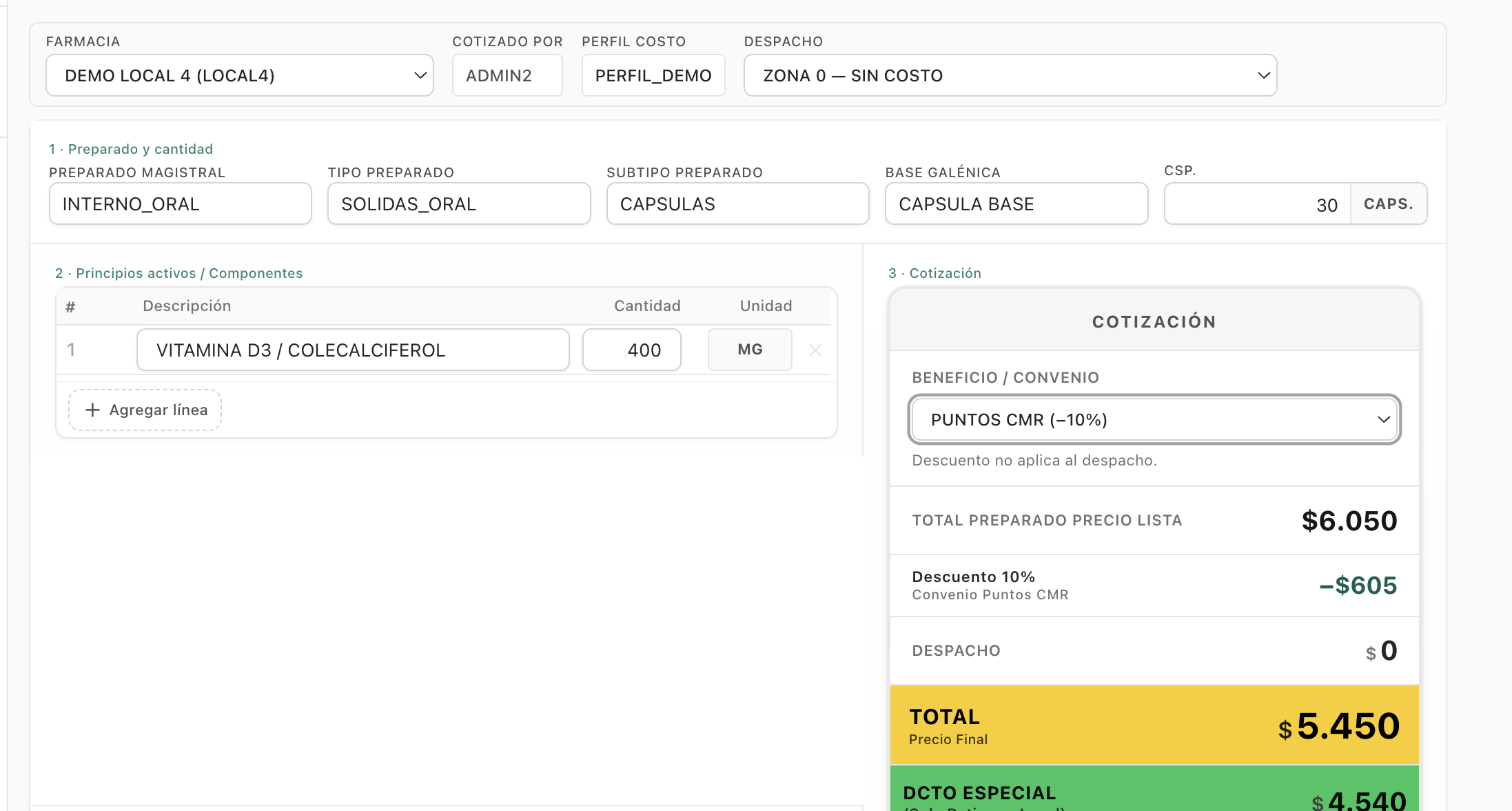 Cotizador magistral: fórmula con principios activos, convenio de descuento aplicado y precio final calculado al instante